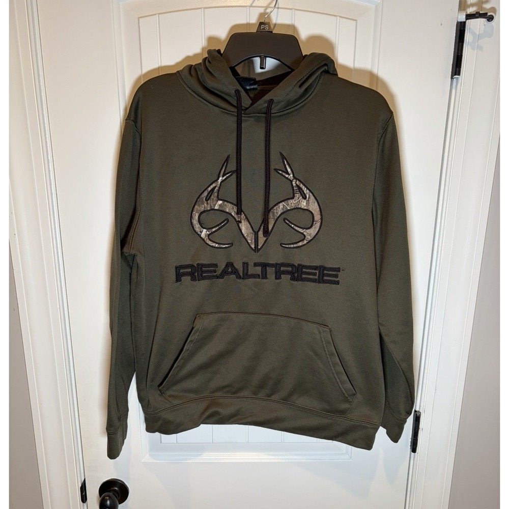 Realtree Men's Green Fleece Pullover Hoodie Graphic Print Logo Pockets M